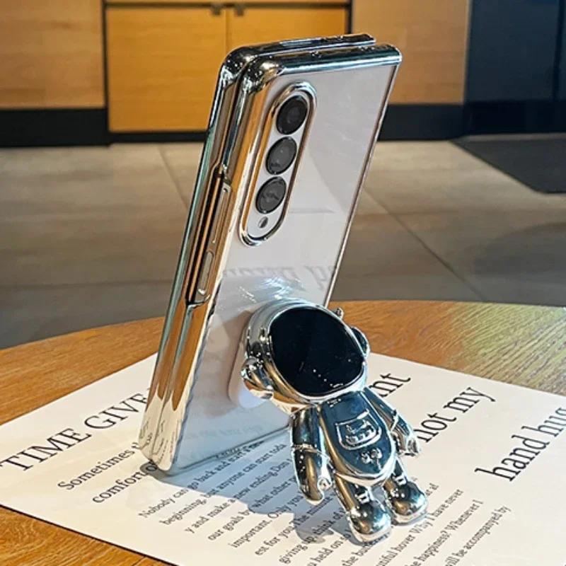 Luxury Clear Phone Case For Samsung Galaxy Z Fold 7 6 5 4 3 5G Fold7 Fold6 Astronaut Electroplated Transparent Kickstand Cover