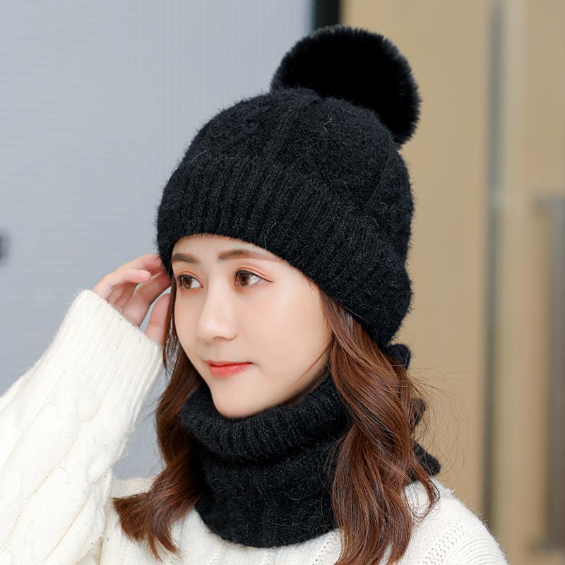 Autumn and winter new velvet scarf two-piece cover hat men's and women's knitted hat adult ear protector hairball wool hat