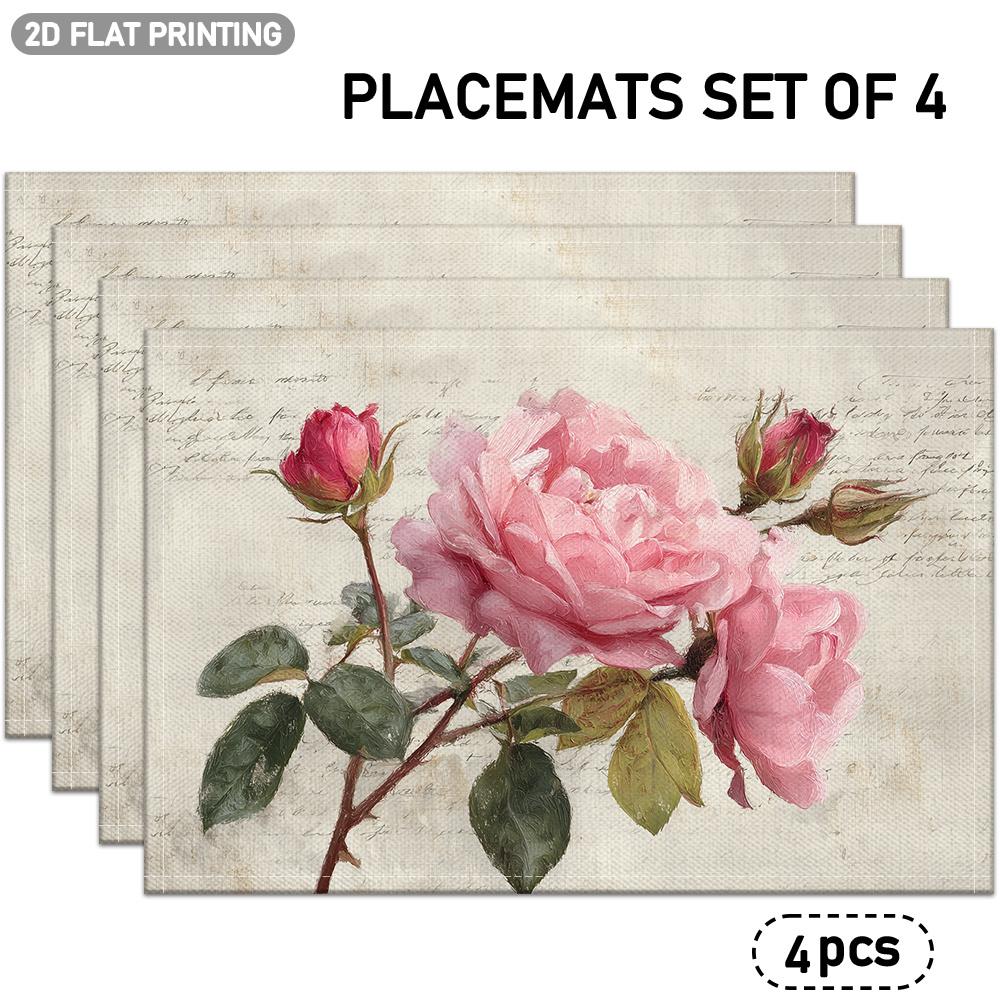 4/6pcs, Vintage Pink Rose Floral And Handwritten Pattern Placemats, Suitable for Romantic Ambiance, Indoor Table Decoration, Restaurant Table Decorati