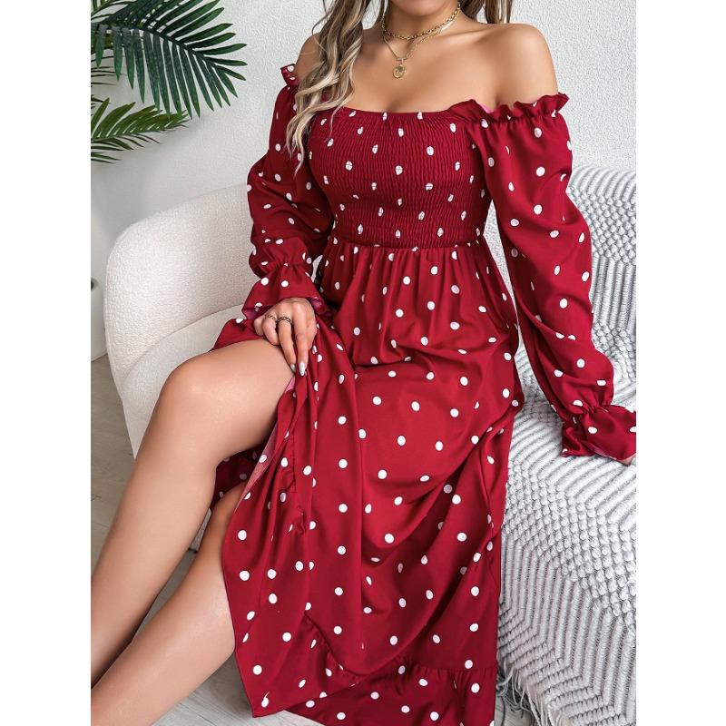 Herbst und Winter Casual Holz Ohr Seite Quadrat Kragen Polka Dot Swing Langes Kleid
