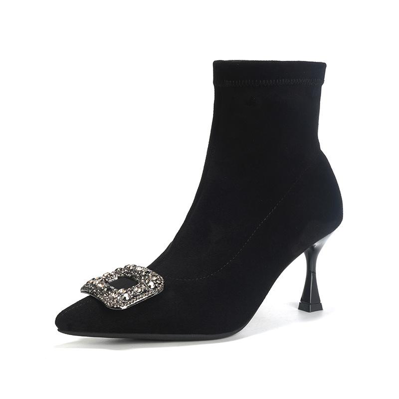 French pointed socks boots thin heel high heel ankle small short boots women's new autumn and winter single boots elastic suede thin boots