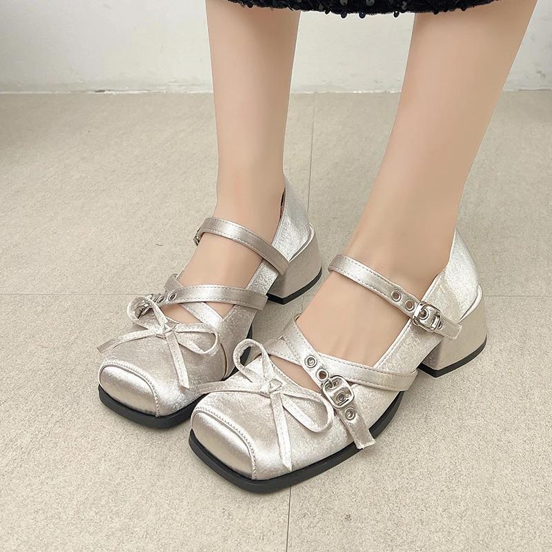 Mode Damen Mary Jane Schuhe Blockabsatz Gürtelschnalle Schleife Karree Zehenbereich Damenschuhe Kleid Party Flachmaul Retro Zapatillas De Mujer