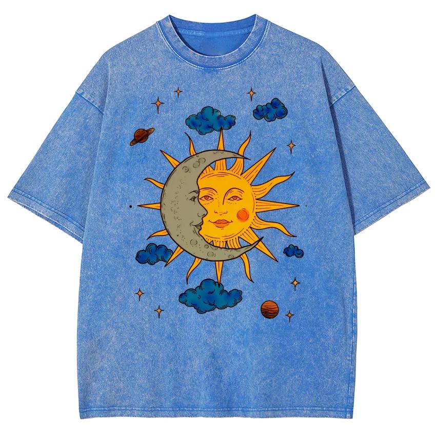 Men's Moon and Sun Printed T-shirt Oversized Short Sleeved Retro Washed Shirt Summer Top