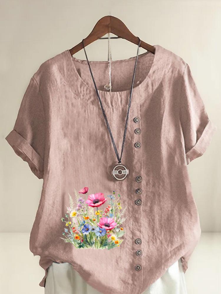 Women's Fashion Flower Bed Printing Round Neck Short Sleeve T-shirt Casual Cotton Linen Graphic Shirt Leisure Loose Summer Blouse Tops