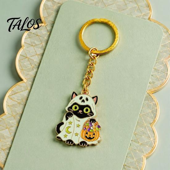 Halloween Party Accessory Cartoon Black Cat Keychain, Glow-in-the-Dark Ghost Costume Spooky Favor Keyring, Enamel Kitten Backpacks Decorative