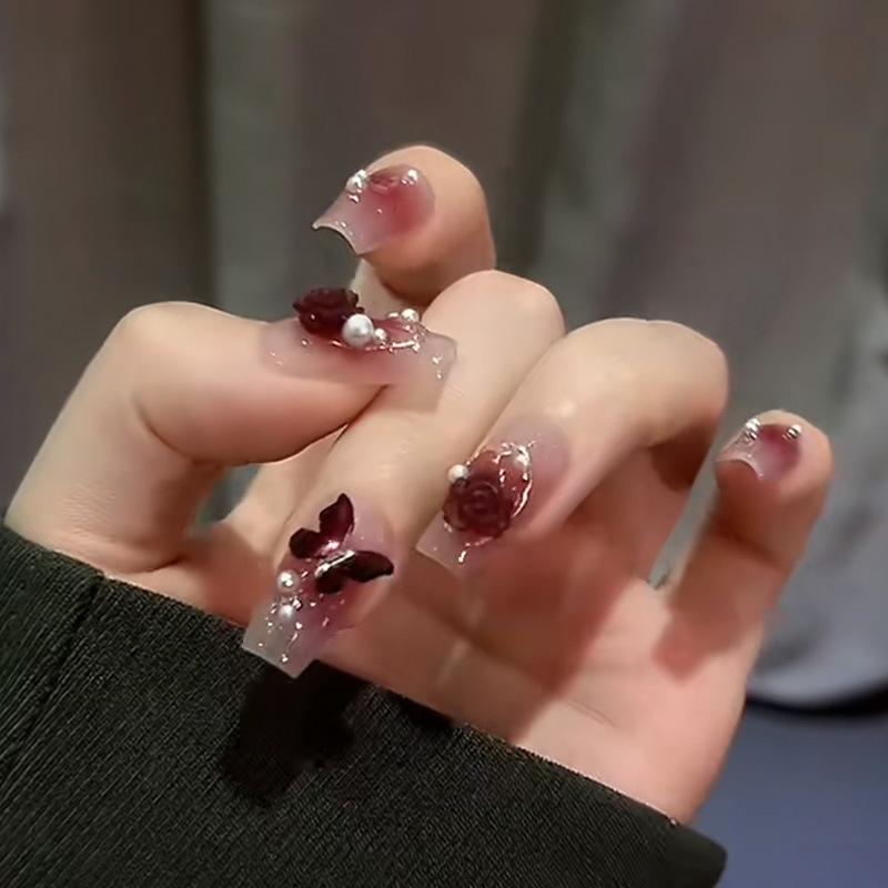 Twilight Camellia Wear Nail Diamond Nail Patch Blush Nail Patch Butterfly Fake Nail Nail Patch Finished Nail