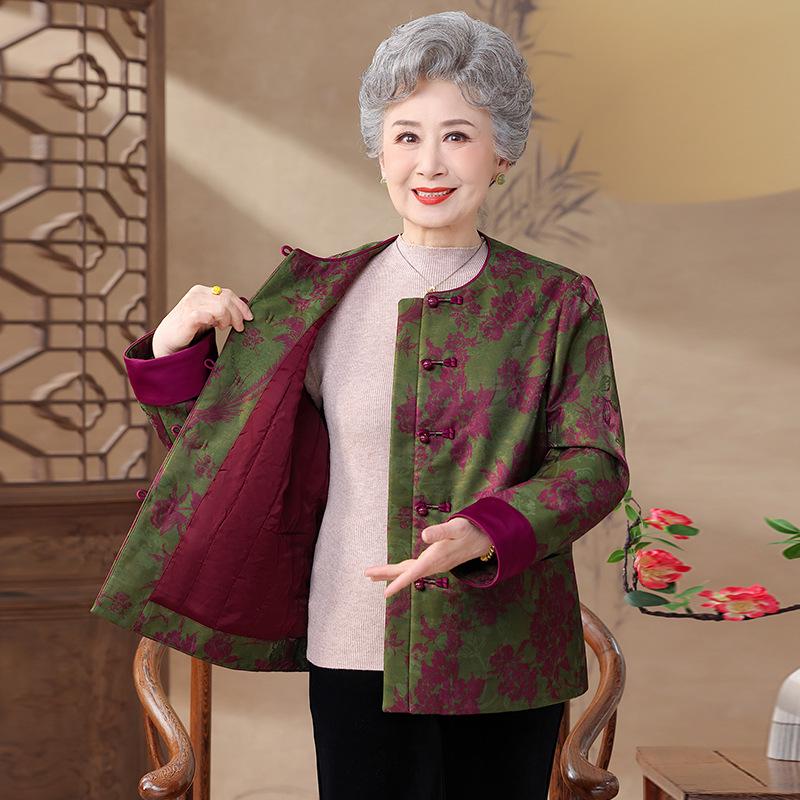 Spring Floral Wool & Cotton Frog Button Jacket for Middle-Aged and Elderly Women - Loose Plus Size