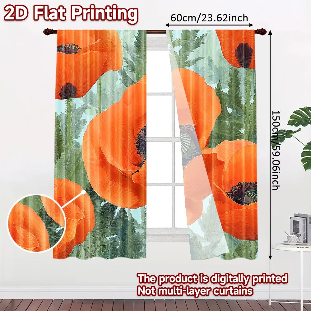 2D FLAT PRINTING 2pcs Curtains (Without Rod) Floral Poppy Design Ramadan holiday curtains with digital printing Versatile