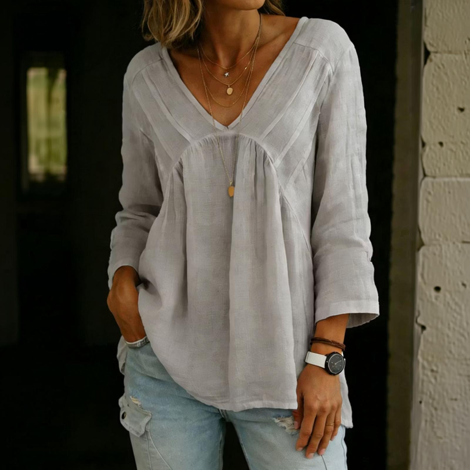 Women s Color Casual V-Neck Loose Fit Long Sleeve Top L