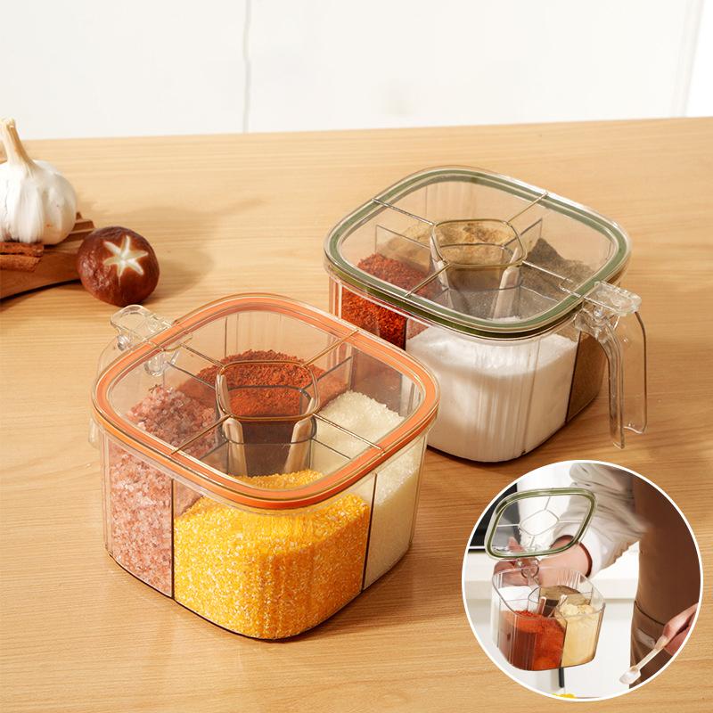 4 Grids Salt Pepper Seasoning Box Transparent Lid Spice Jar Chili Powder Sugar Bowl Condiments Storage Container Kitchen Gadgets