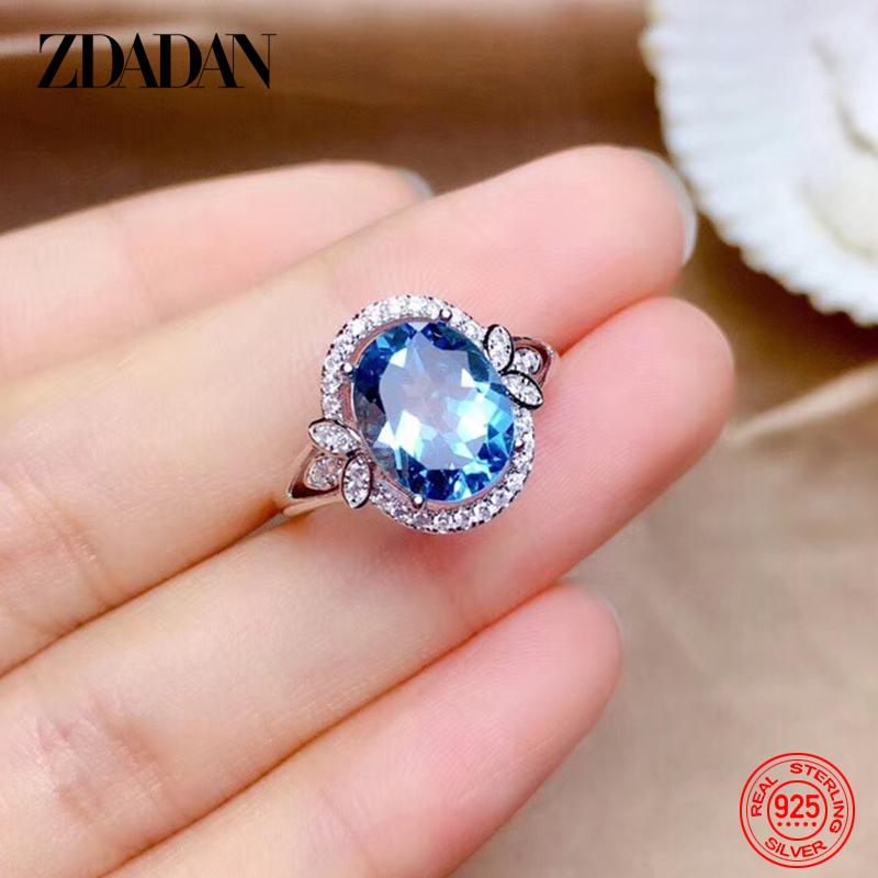 925 Silver Blue Oval Zircon Ring for Women Girls Fashion Jewelry