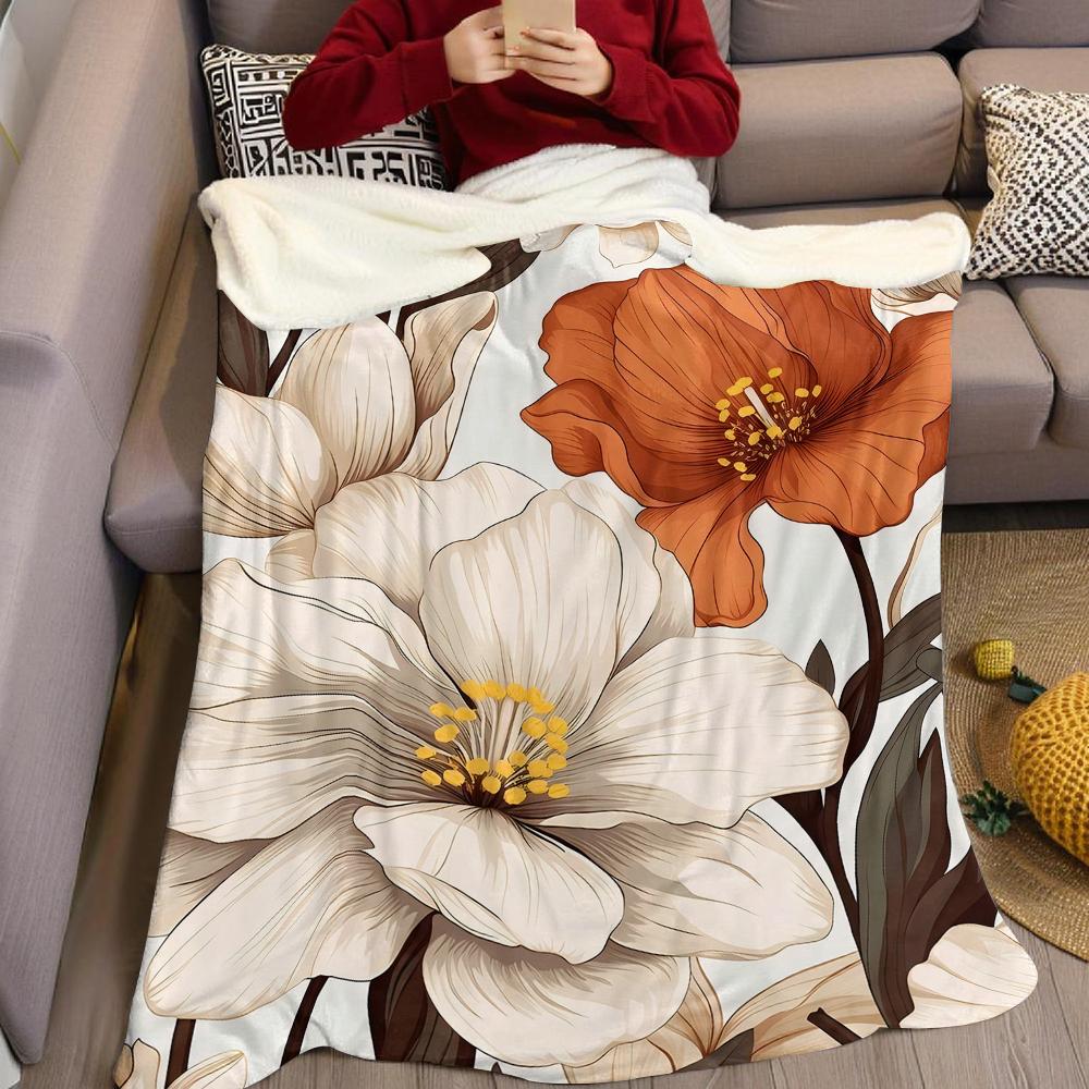 Cream & Rust Bloom Flannel Blanket Warm Soft Halloween Christmas Couch Warm Cozy Decorative Decor Gift for All Season