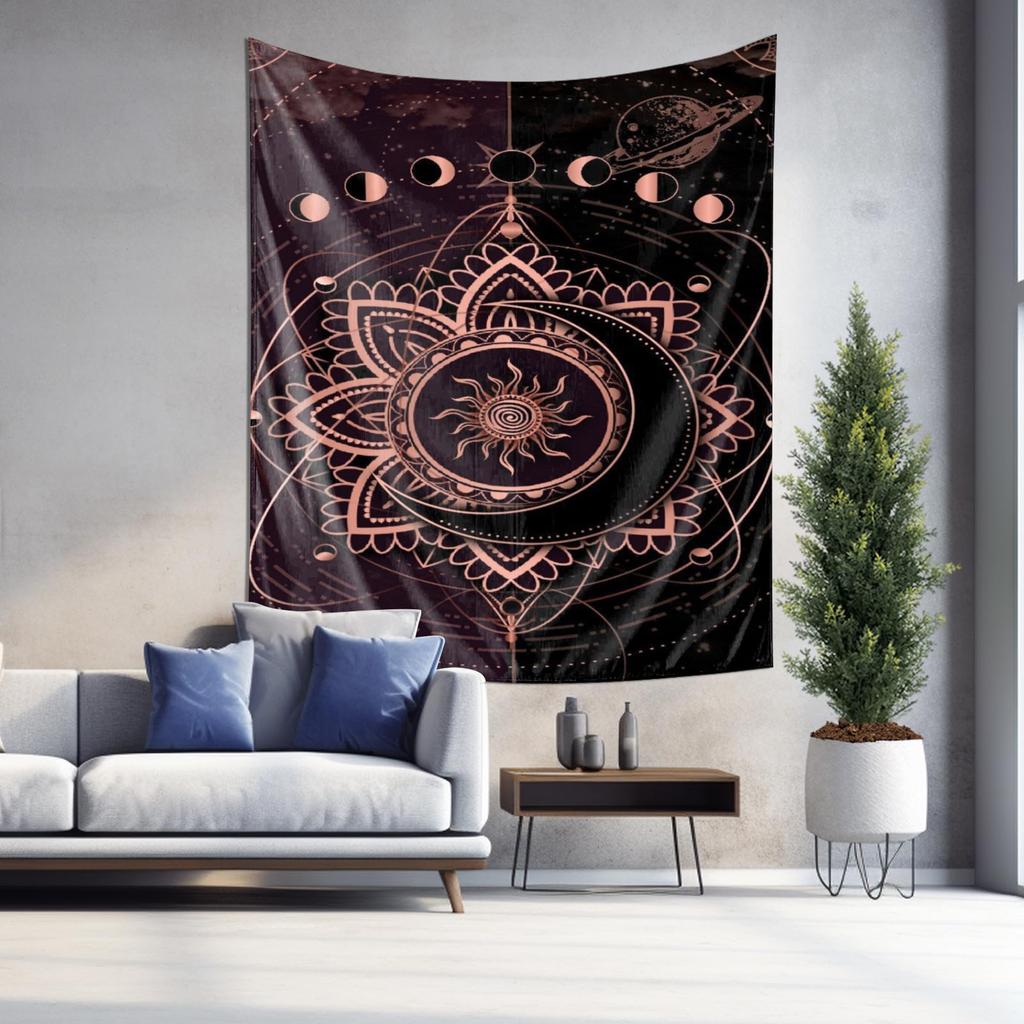 Cosmic Rose Gold Mandala Tapestry with the Beauty of Moon Phases Planets