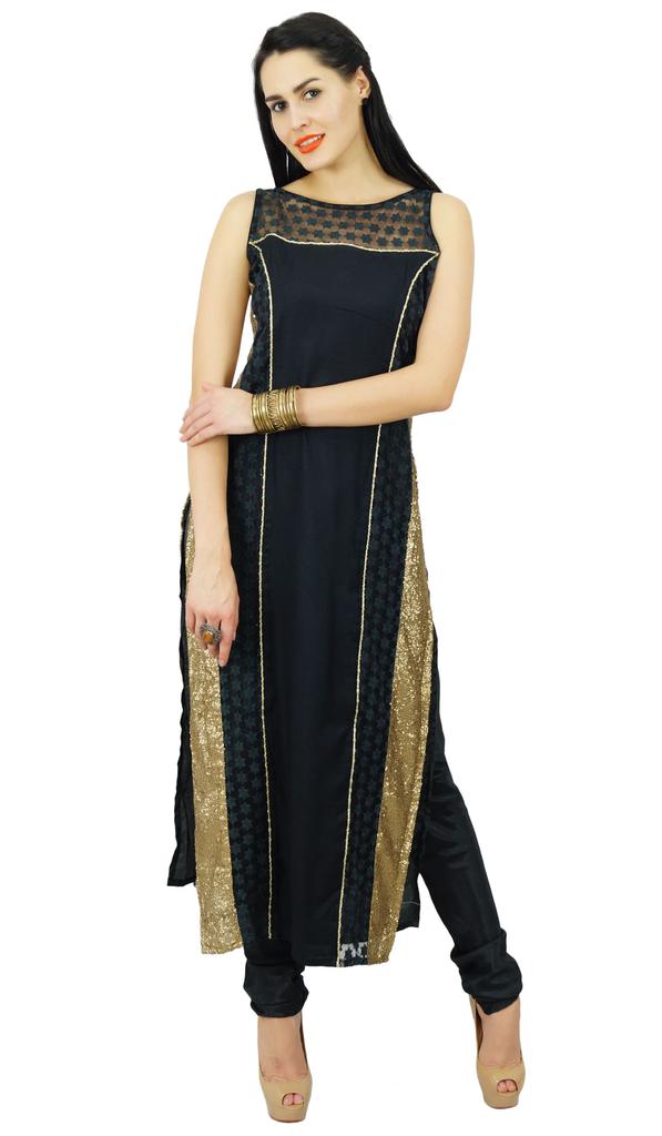 Atasi Womens Black Net Straight Kurti Salwaar Kameez with Dupatta Readymade