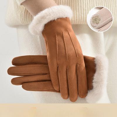Gloves, Female, Winter, Suede, Thick Insulation, Cold Resistant Cycling Gloves, Imitation Rabbit Hair, Cycling Five Finger Gloves, Touch Screen Gloves
