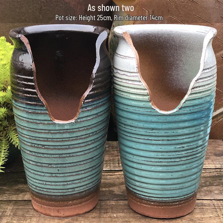 Handmade Coarse Pottery Wide-Mouth Flower Pot - Ceramic Zisha Succulent Planter with Rustic Cut-Edge Design for Chlorophytum