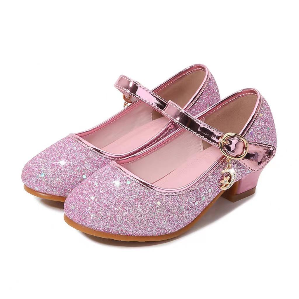 Girls' Autumn Princess Leather Heels with Star Moon Charms & Sequins