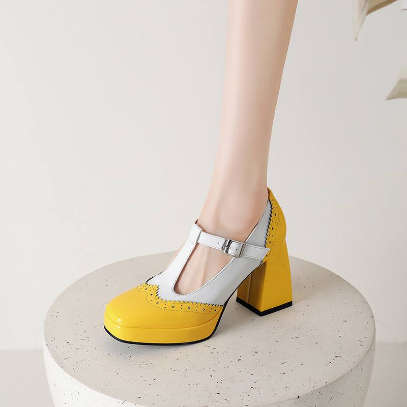 

Krazing Pot Polyurethane Spring Summer Size 43 Size 42 Women carving decoration Women Square Toe Buckle platform Pumps 43