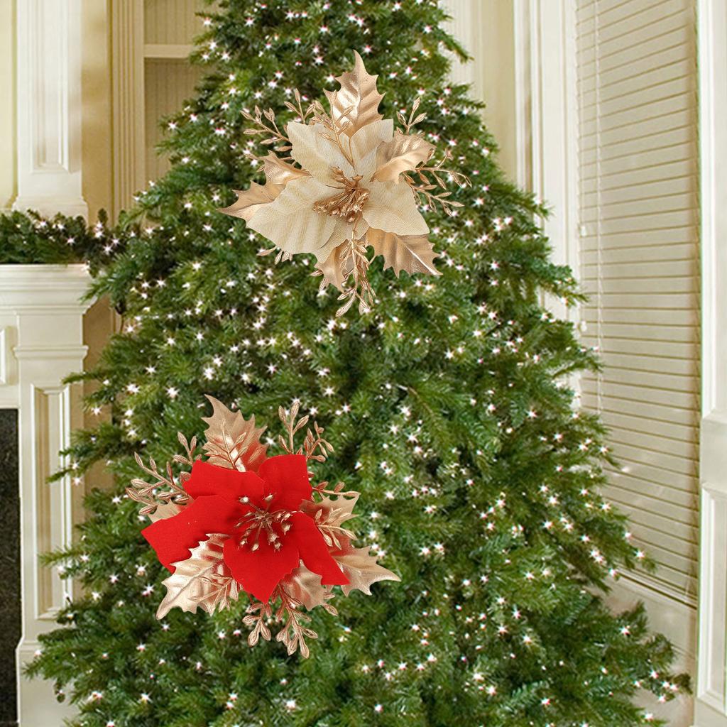 Artificial Poinsettia Flowers Ornaments Christmas Tree Decorations for Seasonal Door Wreaths Wedding Holiday