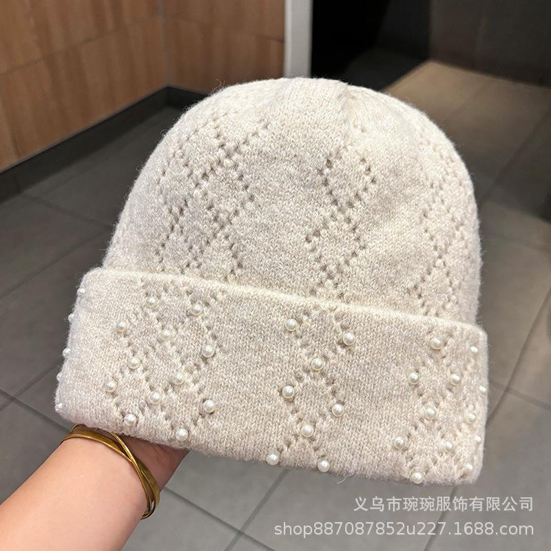 Autumn and Winter New Versatile Warm Wool Hat Men's and Women's Outdoor Pearl Knitted Ear Protection Face Small Pullover Hat Cold Hat