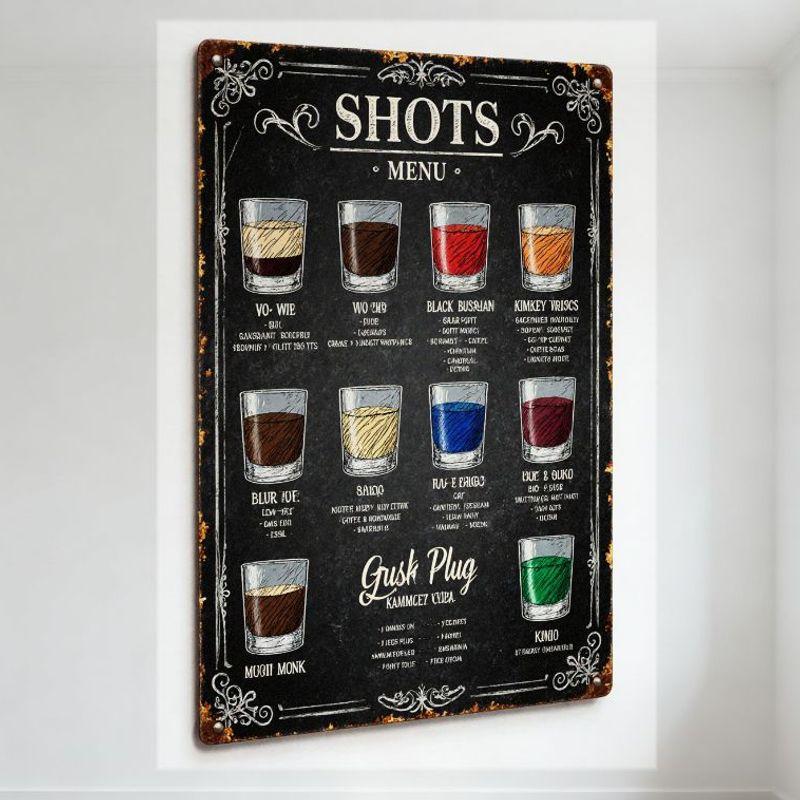 Vintage Metal Tin Sign Shots Menu with Shot Glasses &  Gush Plug  Text - Retro Bar Tavern Decor for Home Man Cave Restaurant Clu 20x30cm（7.8x11.8inch）