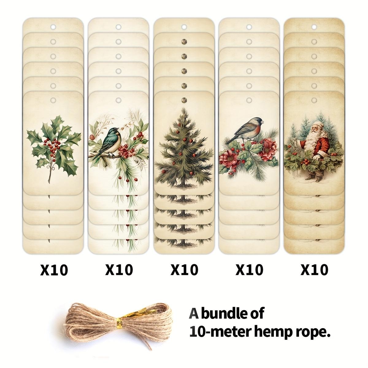 

50 шт./набор Винтажные рождественские подарочные бирки с пеньковой веревкой - Деревенские бирки с Сантой, Коричневые/Красные/Зеленые бумажные подвесные бирки для DIY упаковки подарков one size fits all