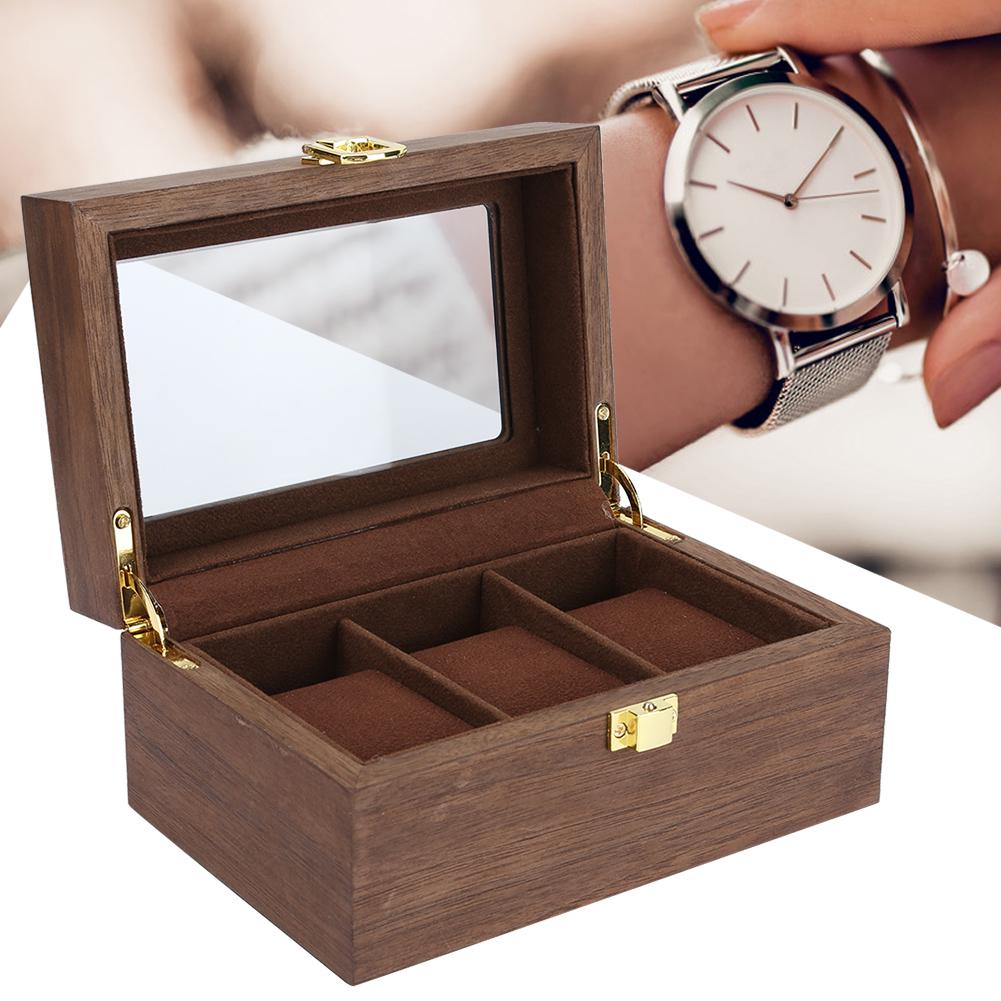 Wooden 3 Grid Watch Display Box Transparent Window Watch Storage Box (Black Walnut Color)