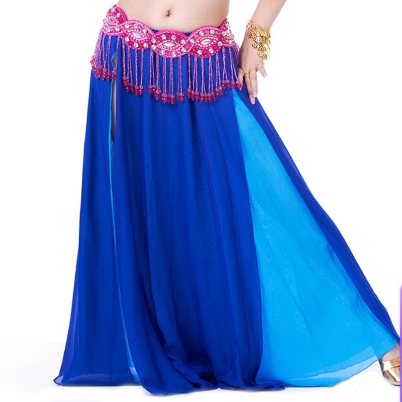 Belly Dance Skirt Double Slits Dance Training Dress Chiffon Long Skirt for Professional and Beginner