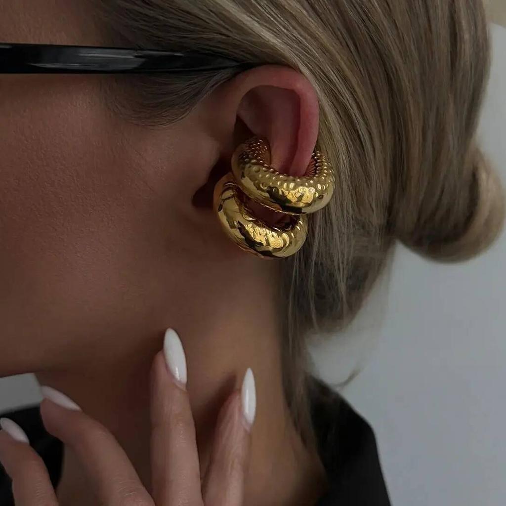 Ingemark Punk Vintage Chunky Geometric C Shape Ear Cuff Stainless Steel Metal Texture Thick Non Piercing Ear Clip Women Jewelry