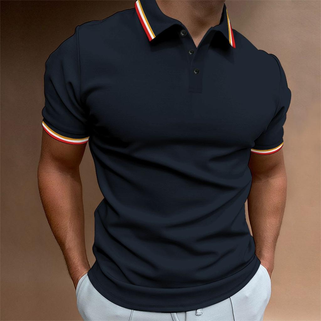 New Men's Slim POLO Shirt Ribbed Striped Lapel Buttons Solid Colour Splicing T-shirt Tops