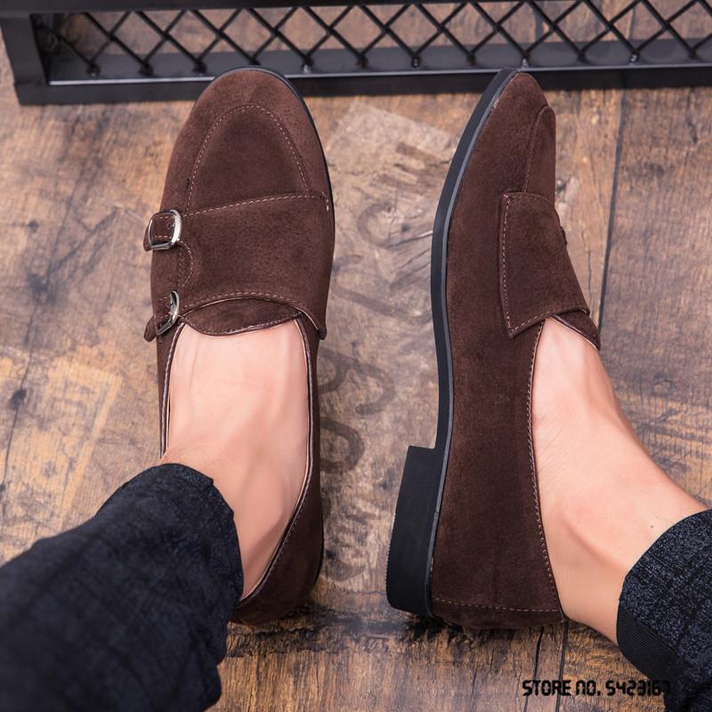 Fashion New Designer British Suede Monk Strap Leather Shoes Flat For Men Dress Formal Wedding Prom Oxford Zapatos Hombre