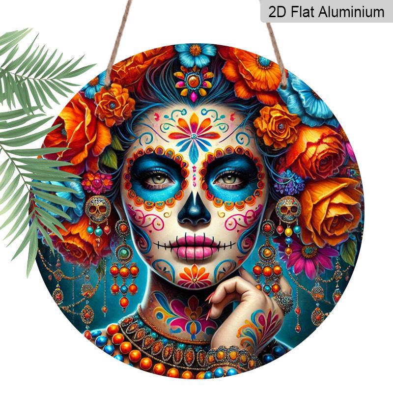 2D Flat 1pc, 8x8 in, Round Aluminum Metal Sign - Skull Design, Themed for Day of The Dead - for Outdoor & Indoor Decoration - Suitable for Spring and