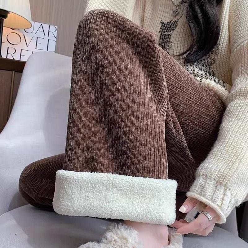 Extra-large Lambswool Wide-leg Pants for Women Autumn and Winter with Lining and High Waist Straight-cut Pants