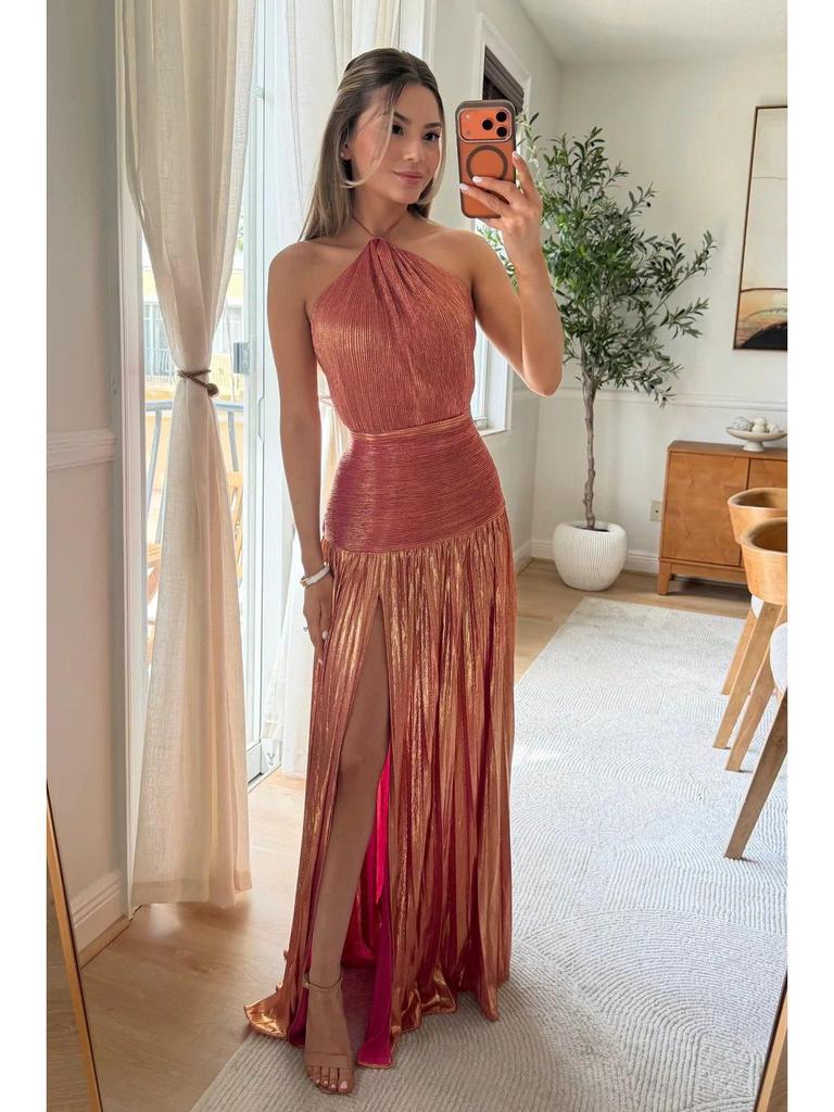 European and American Women's Metallic Pleated Slit Halter Dress Sleeveless Backless Lace-Up 8155