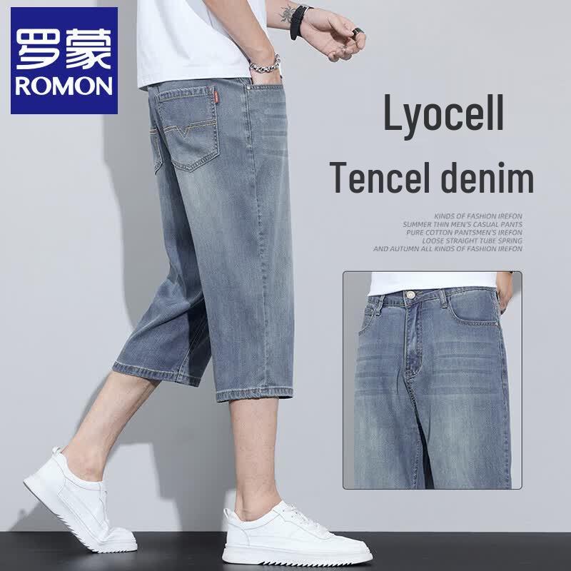 Romon Men s Ice Silk Tencel Blend Denim Capri Shorts 30