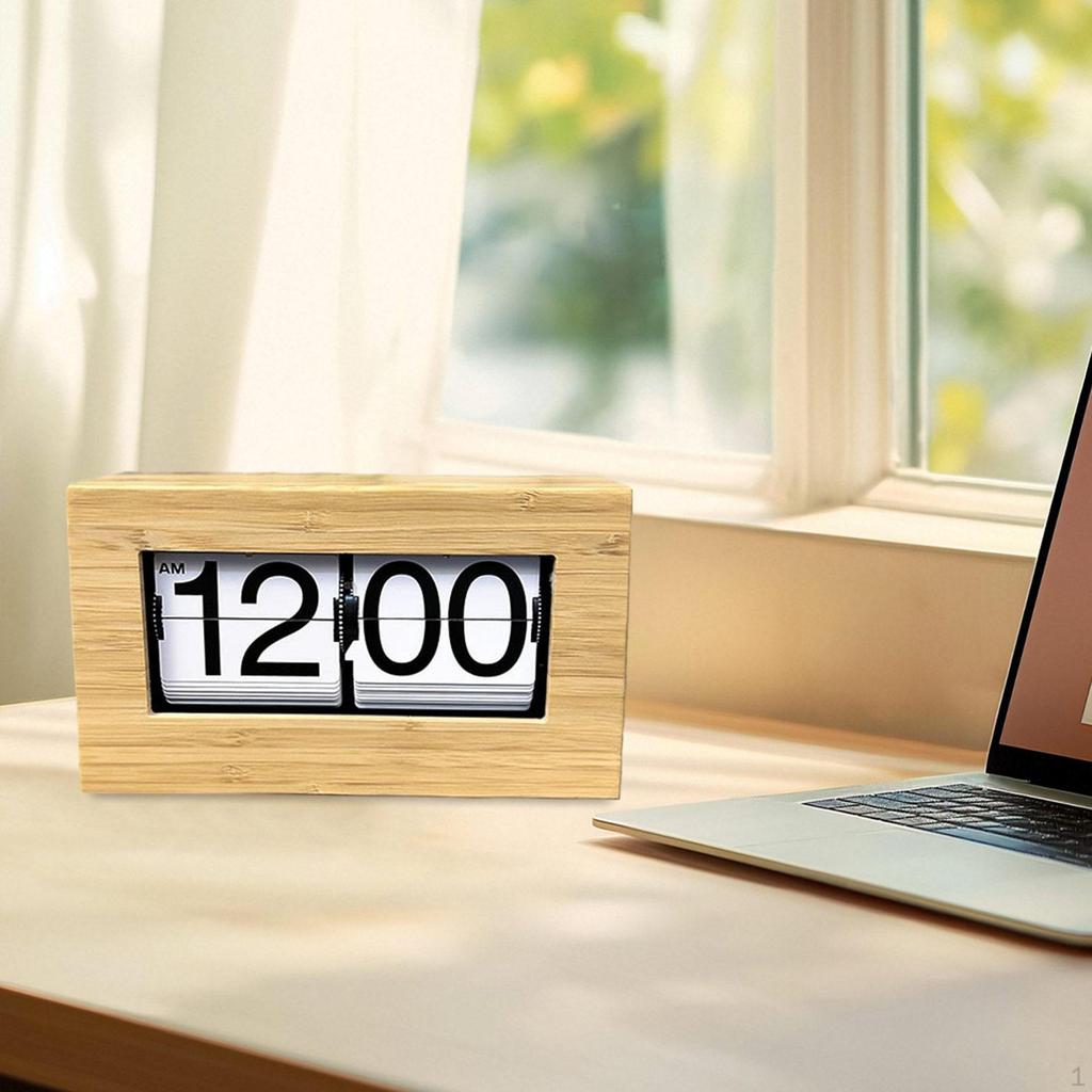 Digital Flip Clock with Wooden Frame for Desk Display 21.5x7.2x12.3cm AM/PM Hotel Yoga Room