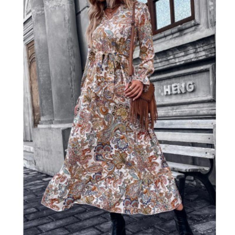 

Autumn and Winter Bohemian V-neck Lace-up Waist Dress Flower color XL