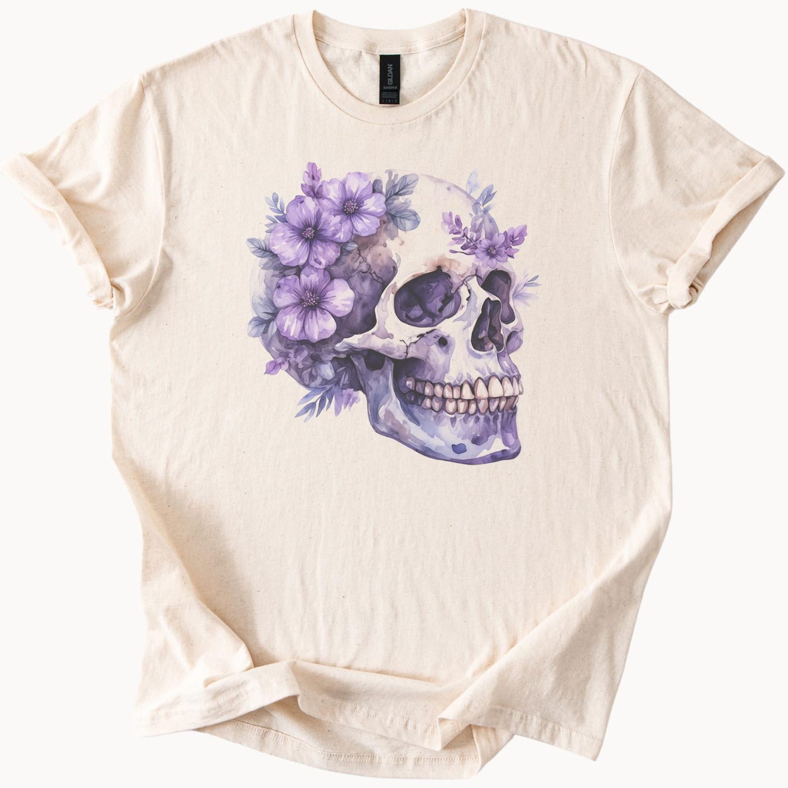 Purple Floral Skull Graphic T Shirt Watercolor Skull with Flowers Aesthetic Skull Tee Artistic Skull Shirt Botanical Skull Design 150