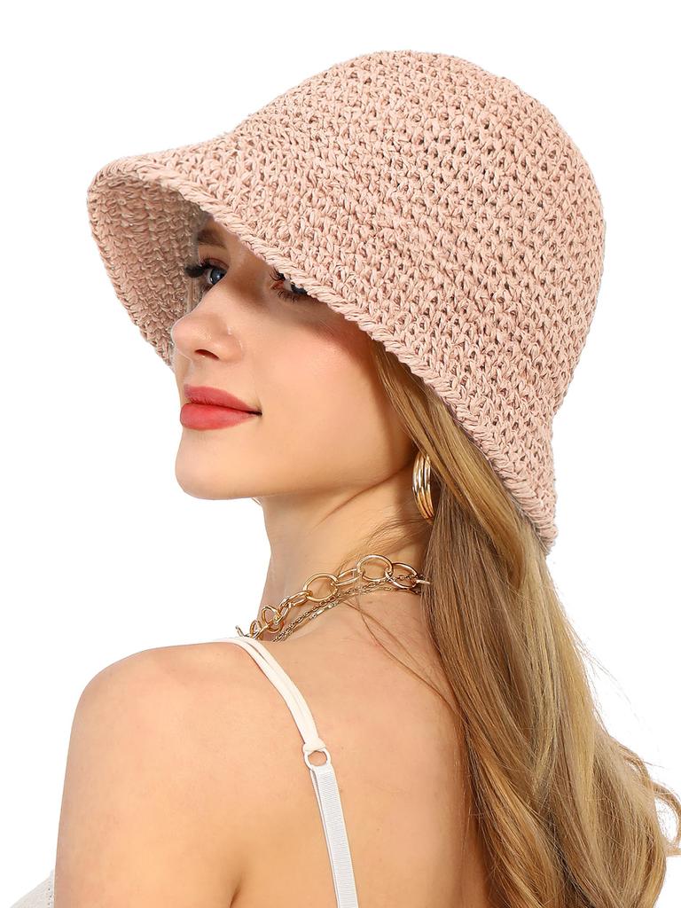 Summer UV-Protect Crochet Straw Bucket Hat for Women Beach Fashionable Breathable Outdoor Sunshade Cap Foldable Visors