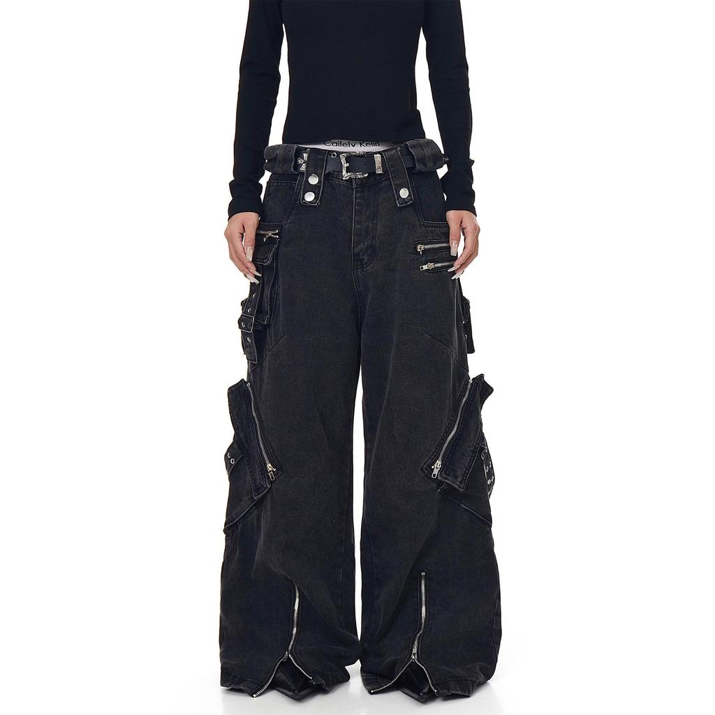 Jeans in Denim Punk Gamba Larga Y2K: Abbigliamento da lavoro resistente, multitasche per uomo e donna