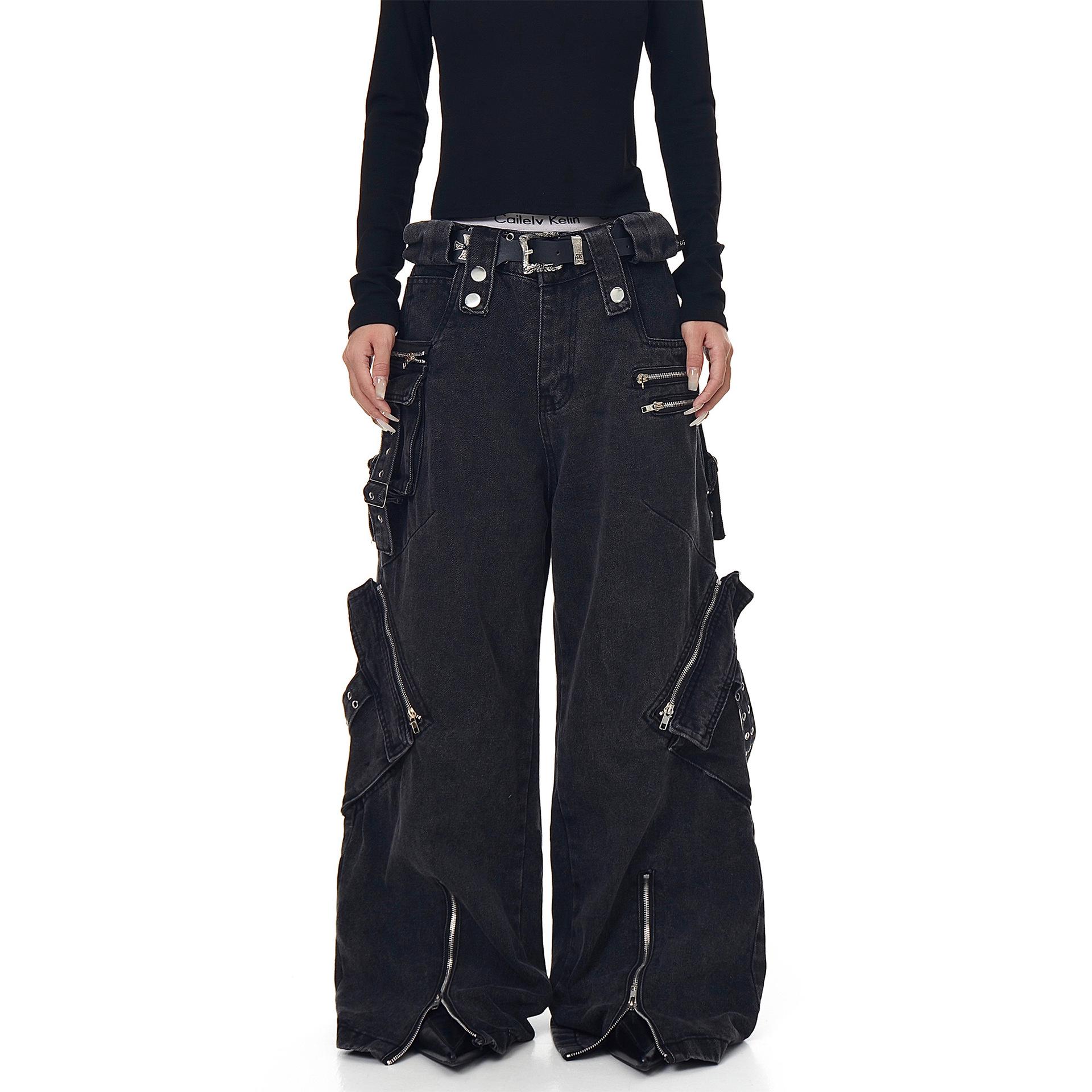 Y2K Punk Wide-Leg Denim Jeans: Heavy-Duty, Multi-Pocket Workwear for Men & Women S чёрный