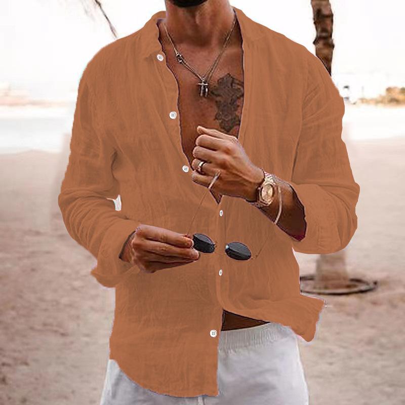 Summer Men's Solid Color Loose Single Breasted Lapel Cotton-Linen Long-Sleeve Shirt