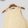 INCERUN Summer Men Beach Sets Sleeveless Hollow Tops Elastic Waist Pants Two-piece Suits