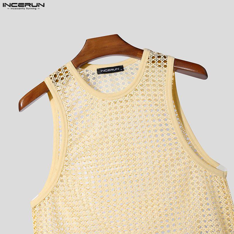 INCERUN Summer Men Beach Sets Sleeveless Hollow Tops Elastic Waist Pants Two-piece Suits