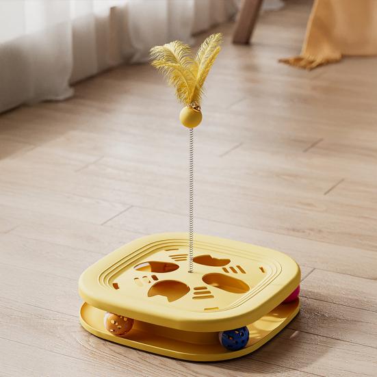 Interactive Cat Enrichment Toy Cat Maze Box with Track Balls Feather Teaser Wand Multi-Functional Puzzle Toy for Indoor Cats Entertainment