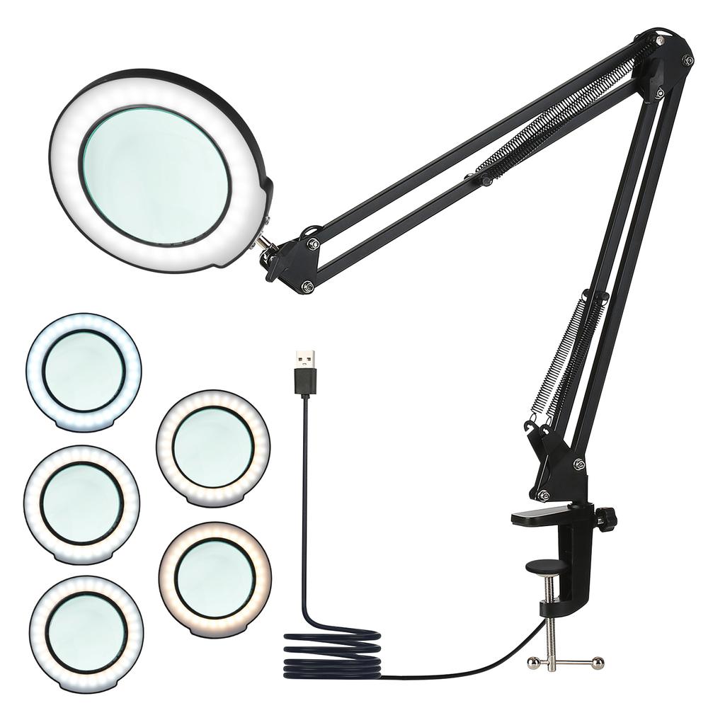 Klem-på-bordlampe med 5x forstørrelsesglasssvingarm Dimbare LED-er Skrivebordslys Touch Control 5