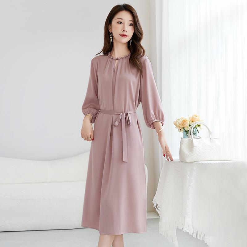 Mulberry Silk Dress Women's 2026 Summer New Round Neck Lantern Sleeve Mulberry Silk Temperament Fashionable High-end