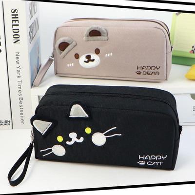 Large Capacity Black & White Cat Pencil Case - Cartoon Solid Color Bag for School Students