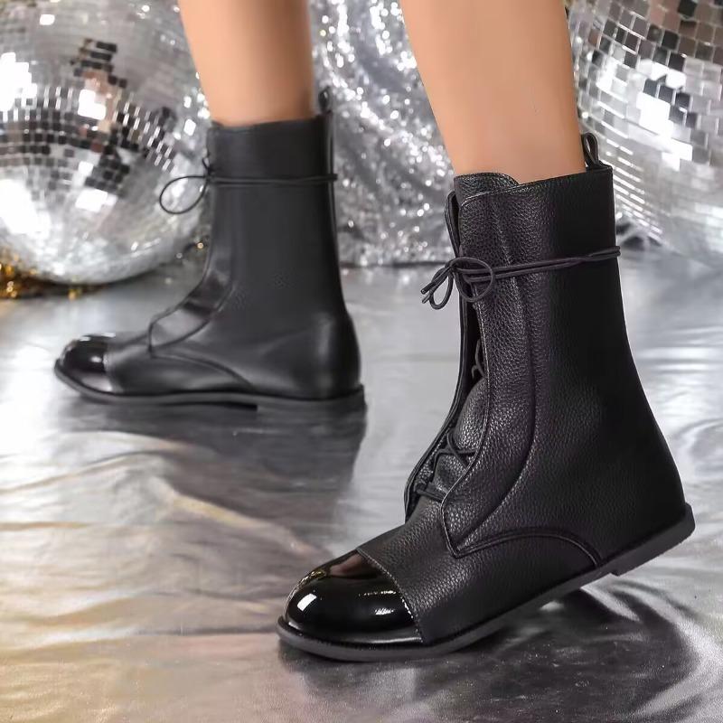 Flache niedrige Absätze Lederstiefel Damen Übergröße Martin Stiefel Schnürstiefel Modestiefel Damenstiefel