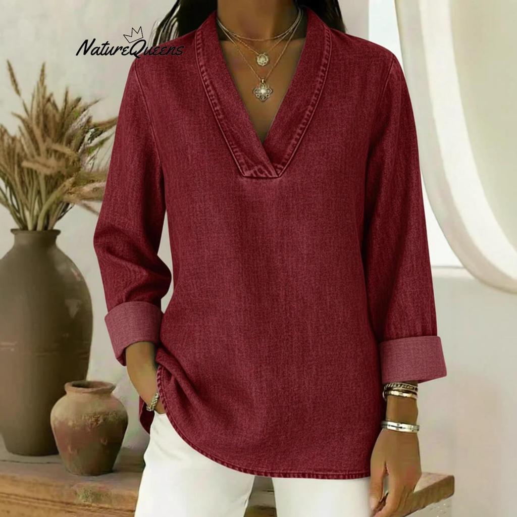 2026 Casual Loose Nine-Sleeve Retro Polo Collar Imitation Denim Shirt